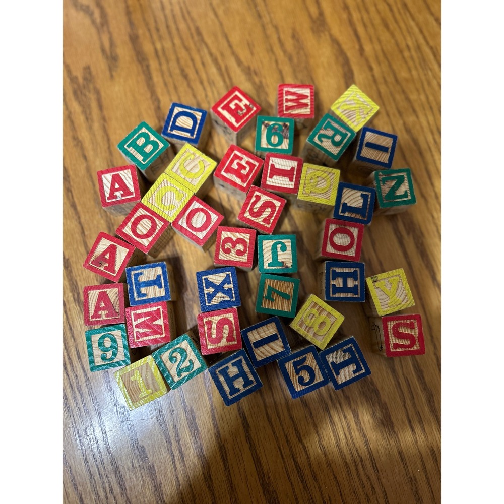 Vintage Wooden Alphabet Blocks Set ABC 123 Letters Numbers Stacking Toy 40pc